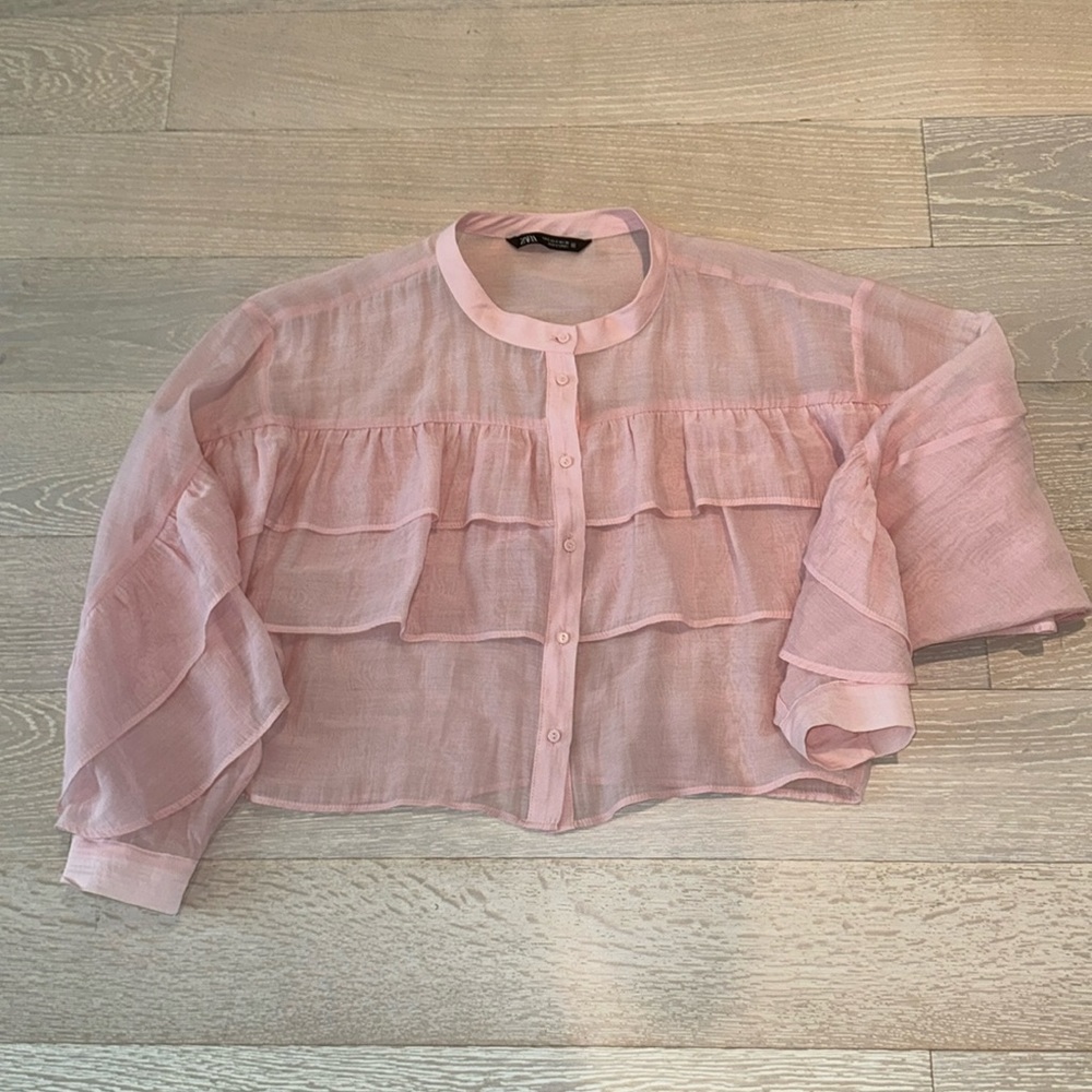 Zara Blouse Size Small, Pink, Long Sleeves With Ruffles